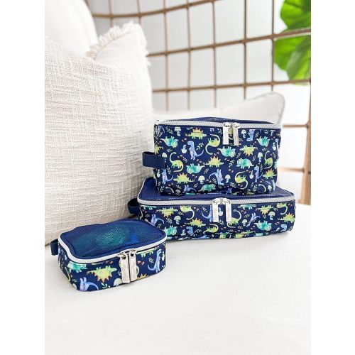 Itzy Ritzy Packing Cubes For Travel – Set of 3 Packing Cubes or Travel Organizers; Each Travel Cube Features a Mesh Top, Double Zippers and a Fabric Handle (Blue Dinosaurs)