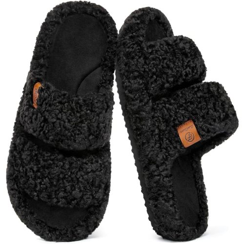 EverFoams Womens Fuzzy Open-toe Slippers Memory Foam Indoor House Shoes