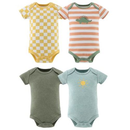 The Peanutshell Short Sleeve Cotton Bodysuits For Baby Boys And Girls, Neutral Check, Yellow, 0-3 Months