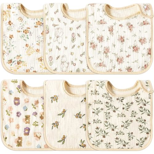 Zainpe 6Pcs Snap Muslin Cotton Baby Bibs Soft & Absorbent Burp Cloths for Newborns Drooling Feeding