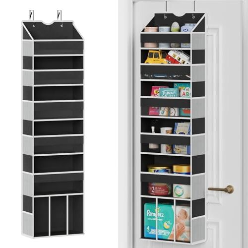 GGUO Over The Door Organizer Hanging - 6 Shelf Over Door Organizer with 6 Clear Front & 12 Side Pockets - 50LB Load Behind Storage for Closet Bedroom Bathroom Nursery Baby Essentials(Black)