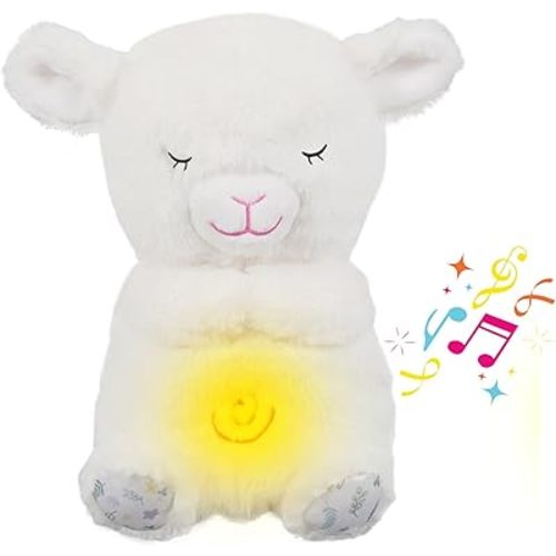 Breathing Stuffed Animal, Sheep Plush, Sleeping Plush for Kids Toy Birthday Gift with Sensory Details Musical Lights and Rhythmic Breathing Sleep Companion (Beige)