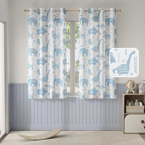jinchan Kids Curtains 63 Inch Length for Girls Bedroom, Blue Safari Animals Dinosaur Nursery Curtains for Boys Room, Light Filtering Window Drape Grommet Top Set 2 Panels