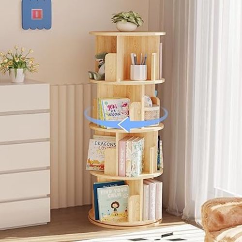 oneinmil Rotating Bookshelf, 360° Rotating Bookcase for Small Space, Solid Wood Bookshelf, Corner Bookcase for Bedroom, Living Room, Study Room, 4 Tier, Burlywood
