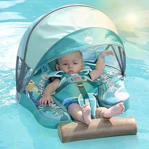 Lanstics Non-Inflatable Baby Float, Baby Swimming Float with Foldable Canopy Swim Trainer for Infant UPF50+ UV Protection Canopy Baby Pool Float for Toddler Infant 3-24 Months (Rainforest)