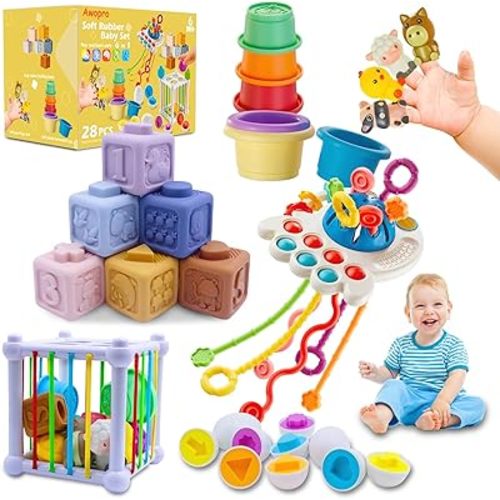 Baby Toys for 6-12 Months Old, 6 in 1 Montessori Toys Set, Educational Learning Toys for 1 Year Old, Sensory Stacking Toys for Toddlers 1-3, Infant Teething Toys for Newborn Birthday Gifts 28PCS