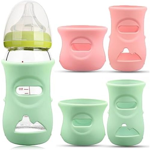 3/4 Pack Silicone Sleeve for Philips Avent Glass Bottle,Anti Breakage Baby Bottle Holder for Avent Natural Glass Baby Bottles 8 oz & 4 oz(Mix-4pcs)