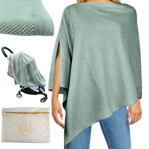 Little Rou Nursing Cover for Breastfeeding, Breathable Organic Cotton & Cashmere Poncho, Privacy Peekaboo Feature, Soft Breast Feeding Shawl for Women – Includes Laundry Bag (Sage)