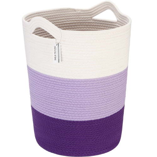 Sea Team Large Size Cotton Rope Woven Storage Basket Laundry Hamper with Handles, 14 x 20 inches, White & Lavender