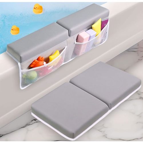 Baby Bath Kneeler and Elbow Rest Pad Set - Baby Bath Support for Knees and Elbows - Bath Kneeler Pad with Memory Foam and Bath Toys Organizer - Ideal Bath Kneeling Pad for Bathing Baby - Grey