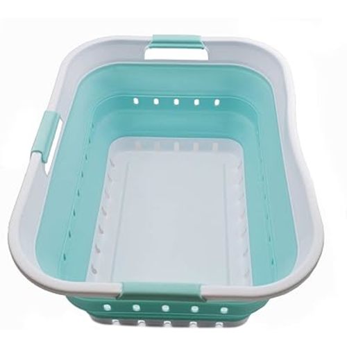 SAMMART 42L (11 gallon) Collapsible Plastic Laundry Basket - Foldable Pop Up Storage Container/Organizer - Space Saving Hamper/Basket (1, White/Lake Green)