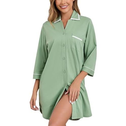 COLORFULLEAF 100% Cotton Nightgown for Women 3/4 Sleeve Sleep Shirt Button Down Nursing Dress