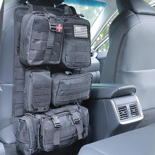 Tactical Car Seat Back Organizer Hanger Bag with 5 Detachable Molle Pouch Vehicle Molle Panel Organizer Storage Bag Universal for for most car models (Black)