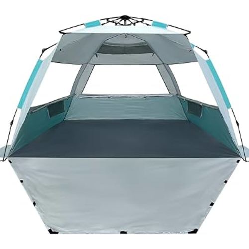 WhiteFang Deluxe Pop Up Beach Tent Sun Shade Shelter for 3-4/5-6 Person, UV Protection, Extendable Floor with 3 Ventilating Windows Plus Carrying Bag, Stakes, and Guy Lines