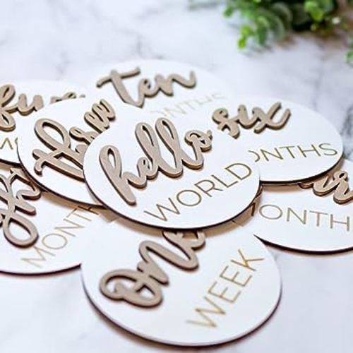 Wooden 3D Monthly Milestone Discs for Baby Photos (20 pcs Set), First Year Monthly Milestone Marker, Includes 1-5 Years, White Stained