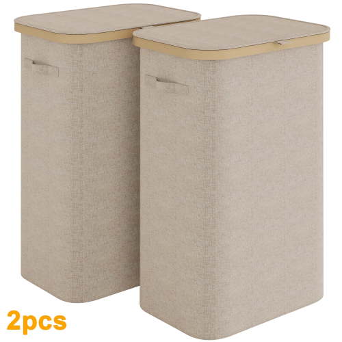 BGTREND 2PCS Slim Laundry Hamper with Lid 85L Foldable Clothes Basket with Removable Mesh Bag & Handle for Closet Bathroom Bedroom (Beige)