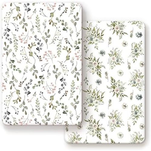 GRSSDER Stretchy Ultra Soft Jersey Knit Fitted Pack n Play Sheets Set 2 Pack, Portable Pack and Play/Mini Cribs Sheets for Girls,Stylish Watercolor Rose and Flora