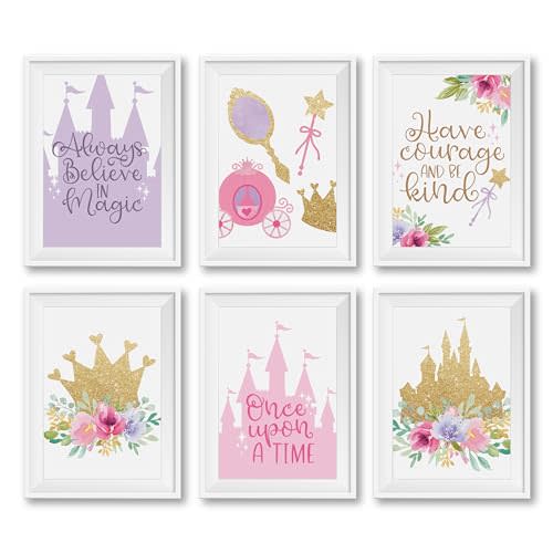 Hadley Designs 6 Reversible 8x10 Princess Wall Decor Prints, Princess Room Decor for Girls Bedroom, Pink And Gold Princess Party Decorations For Wall Art, Unframed Pink And Gold Decor For Girls Room