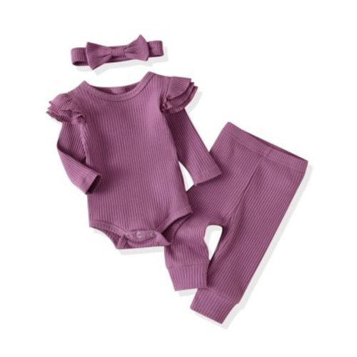 Newborn Infant Baby Girl Clothes Long Sleeve Romper Pants Headband headband Outfits Set ( Newborn, Purple)
