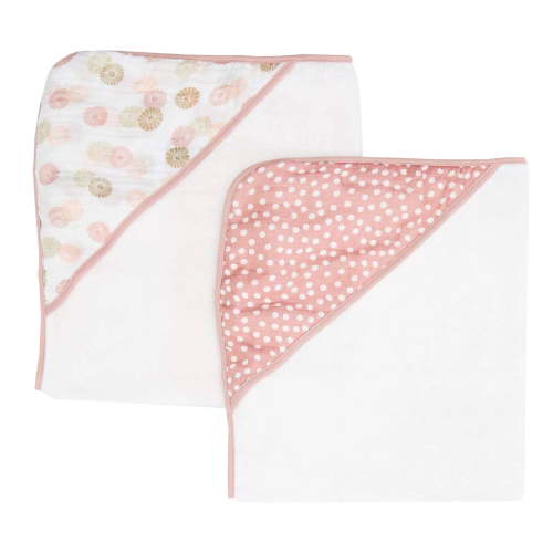 Spasilk Baby Hooded Towel Bath Set, Muslin Printed Hood, Pack of 2, Pink Shells