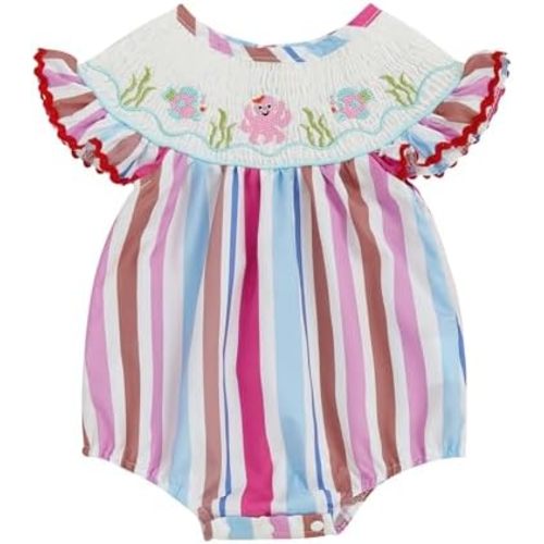 Baby Girl Ocean Animal Outfit Crab Seahorse Octopus Embroidery Sleeveless Smocked Bubble Romper Infant Beach Clothes