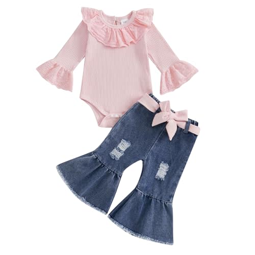 Gaono Toddler Baby Girl Fall Winter Clothes Bell Bottom Denim Outfit Solid Ribbed Romper Flare Jean With Headband 3Pcs Set