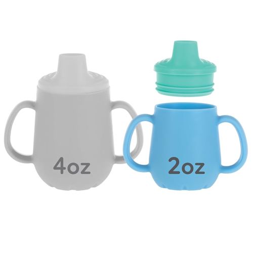 Nuby First Training Cup - Silicone Cup with Free-Flow Spout and Easy-Grip Design - 2 oz - 6+ Months - Aqua and Blue