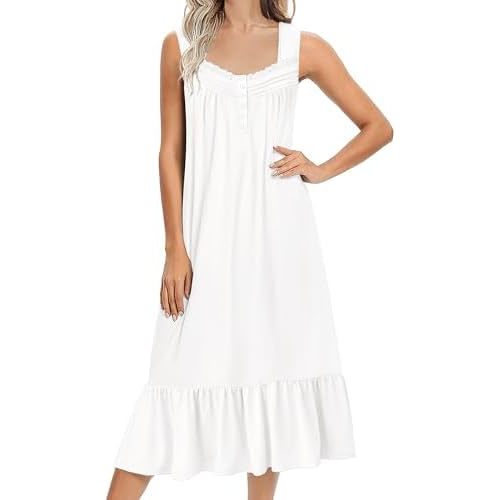 Ekouaer Nightgowns for Women Long Sleeveless Night Gown Victorian Nightdress Button Sleepshirt Soft Sleepwear S-XXXL