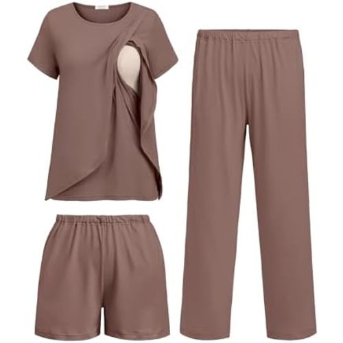 Ekouaer 3 PCS Maternity Nursing Pajamas Set Postpartum Breastfeeding Short Sleeve Shirts, Pregnancy Shorts & Pants Pjs S-XXL