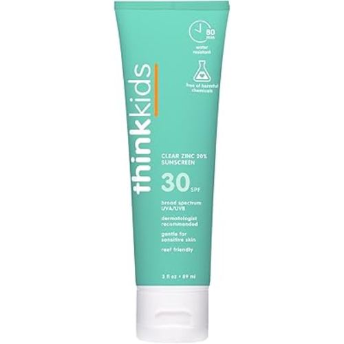 Thinkkids SPF 30 Mineral Sunscreen, Clear Zinc Oxide, 3 fl oz – Natural, Water Resistant, Kids & Toddler Sun Protection, Reef Safe
