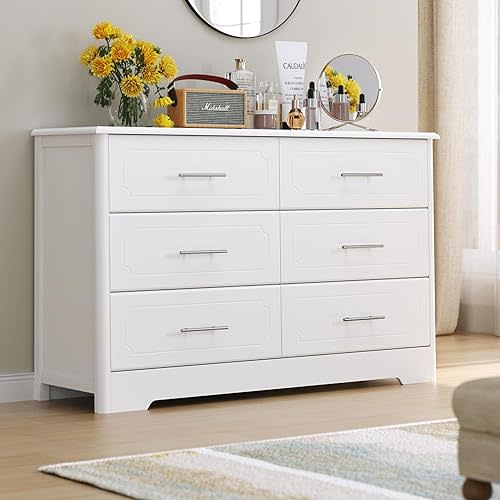 HOSATCK 6 Drawer Dresser, Modern White Double Dresser, Wide Chest of Drawers with Metal Handels, Accent Wood Storage Dresser Chest Organizers for Living Room, Hallway, Entryway (Trapezoid/White)