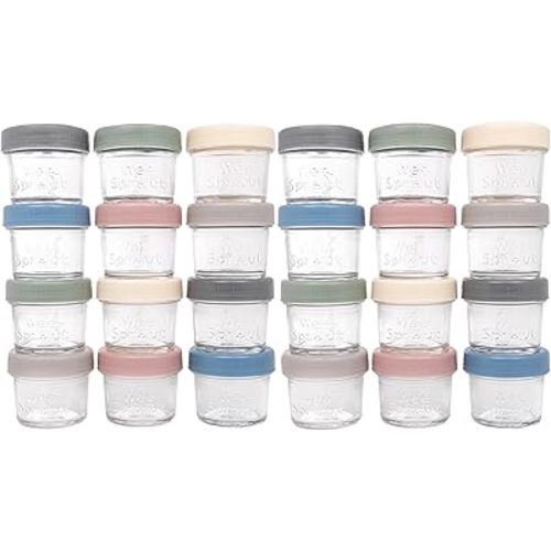 WeeSprout Baby Food Storage Glass Jars w/Lids (4 oz, 24 Pack) Matte Variety, Snack, Reusable Small Containers, Fridge or Freezer, Microwave & Dishwasher Safe, Essentials for Infants