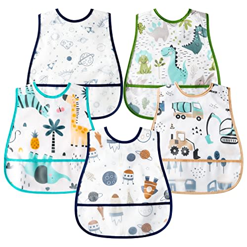 R HORSE 5Pcs Baby Bibs Set Toddler Bibs with Crumb Catcher Pocket & Snap Button Waterproof Baby Feeding Bibs for 6-24 Months