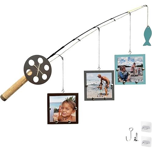 AZEZO Wood Fishing Pole Picture Frame - Three 4''x4'' Frames, Real Fishing Rod Design, Adjustable Hanging - Fishing Decor for Lake House, Cabin, Farmhouse Wall, Boy’s Room, Fishing Lovers, Fisherman