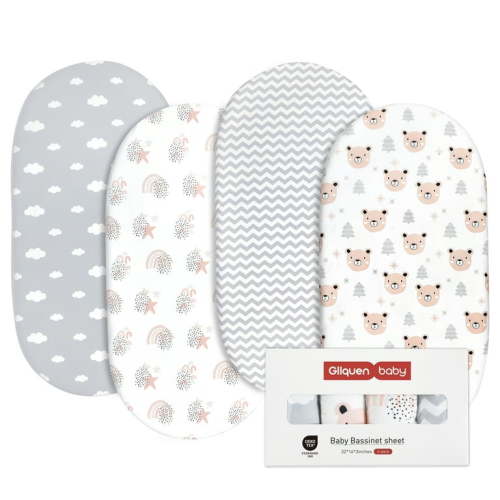 Gllquen Baby Premium Bassinet Sheets Set 4 Pack For Newborn Baby Boys Girls, Cloud & Bears