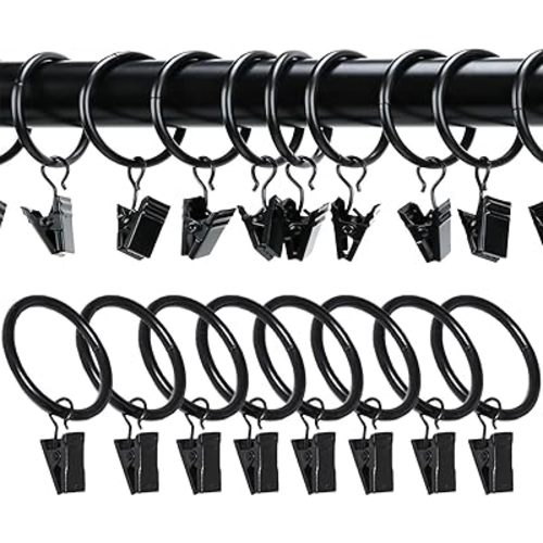 Paquete de 100 anillos de cortina con clips, anillos de clip para ventana, ganchos de cortina negros, anillos de clip para colgar cortinas y lazos, mini 1 pulgada de diámetro, se adapta a barras de