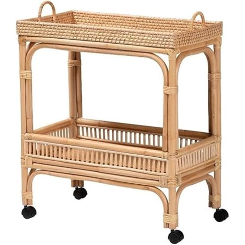 bali & pari Lombok 1-Shelf Modern Rattan & Wood Wine Cart in Natural Brown