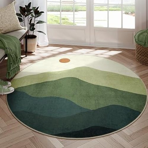 6ft Round Rugs for Living Room,Soft Washable Non-Slip Large Circle Rug,Chic Mountain Low-Pile Circular Bedroom Rug Indoor Round Carpets for Kidsroom/Nursery/Office(Green)