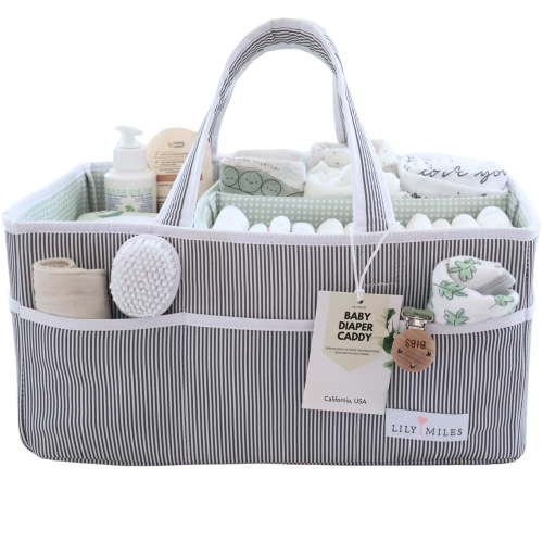 Lily Miles Baby Diaper Caddy Organizer for Changing Table or Car - Unisex Baby Shower Gift - Newborn Baby Essentials - Baby Organizer Basket (Gray/Mint, Large)