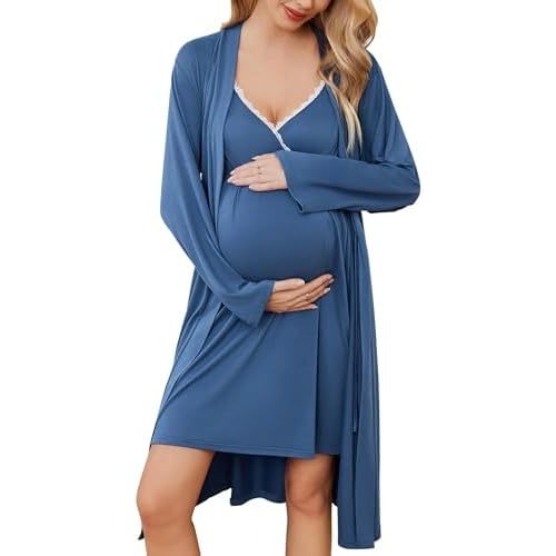 Ekouaer Maternity Nursing Gown and Robe Set Nursing 3 In 1 Labor Delivery Nightgowns for Hospital Breastfeeding Gowns Navy Blue Medium