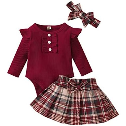 Sasaerucure Infant Baby Girl Fall Winter Outfits Long Sleeve Romper Knitted Bodysuit with Plaid Skirt 2Pcs Christmas Outfits