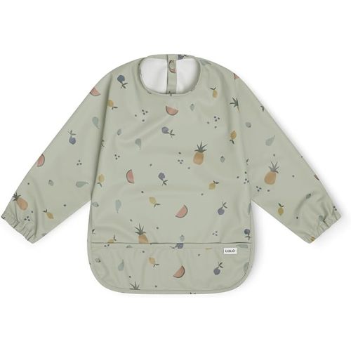 Lalo Smock Bib - Long Sleeve Baby Bib, Elastic Cuffs for Comfort, Large Catch-All Pocket - Fruit Print Sage