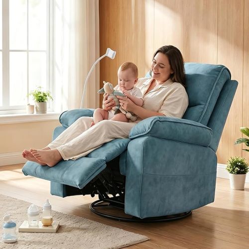 360° Swivel Glider Rocking Chair Nursery， Oversized Recliner with Phone Holder，Nursing Chairs for Breastfeeding with Wide Foot Rest for Living Room and Baby Room,Linen