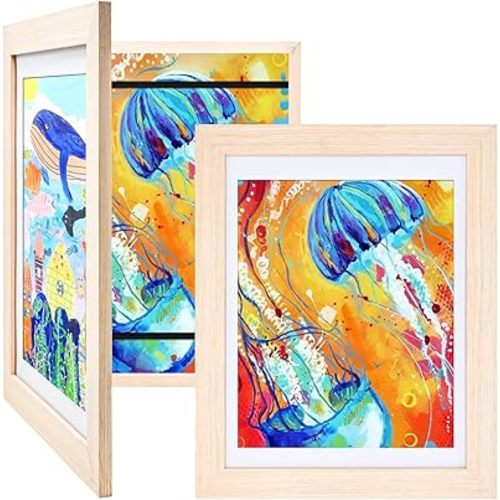 KINLINK 9x12 Kids Art Frames Set of 2, Solid Wood Kids Artwork Frames Changeable with Acrylic Front Opening Holds 150 Pictures, Art Frames for Kids Artwork with Mat or without Mat, Natural