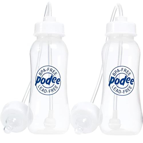 Hands-Free Baby Bottle - Anti-Colic Self Feeding 9 oz Baby Bottle Nursing System with Fast Flow Nipple/Teat 3m+ Infant (2 Bottles - Podee Blue)