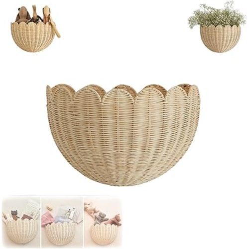 2025 New Scalloped Wall Basket, Hand-Woven Scalloped Wall Wicker Basket, Portable Flower Organizer Fruit Vegetable Rattan Box For Kitchen, Office, Living Room (1pcs)