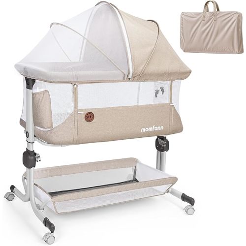 MOMFANN Baby Bassinet Bedside Sleeper, Upgraded Stability Bedside Crib with Full Mesh Sides, Soft Sheet, 6-Height Adjustment, Storage Basket, Easy Folding Portable Bassinet for Newborns, Oatmeal