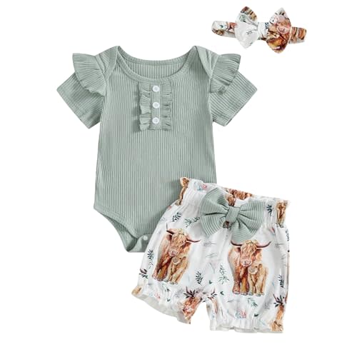 MERSARIPHY Newborn Baby Girl Summer Clothes Rib Knit Romper Floral Cow Shorts Set Western Cowgirl Outfit 0 3 6 12 18 Months
