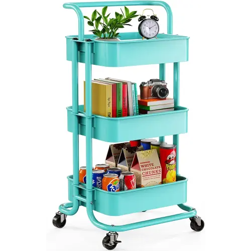 Pipishell 3 Tier Mesh Utility Cart, Rolling Metal Organization Cart with Handle and Lockable Wheels, Multifunctional Storage Shelves for Kitchen Living Room Office Turquoise