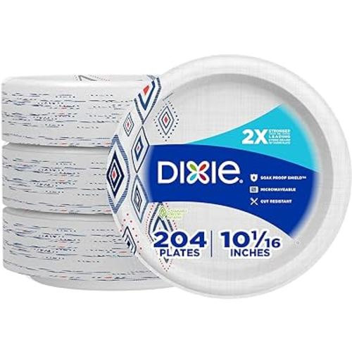 Dixie Large Paper Plates, 10 Inch, 204 Count, 2X Stronger*, Microwave-Safe, Soak-Proof, Cut Resistant, Disposable Plates For Everyday Breakfast, Lunch, & Dinner Meals